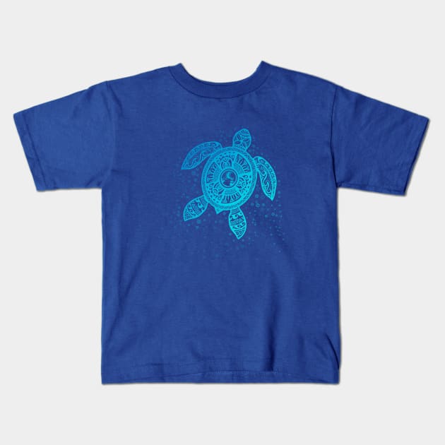 Boho Tiki Teal Sea Turtle with Bubbles Kids T-Shirt by Jitterfly